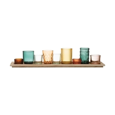 Wood Tray With 9 Glass Votive/Tealight Holders