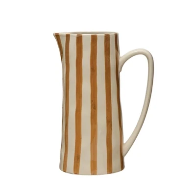 Tall Ceramic Pitcher With Light Brown Stripes 9"