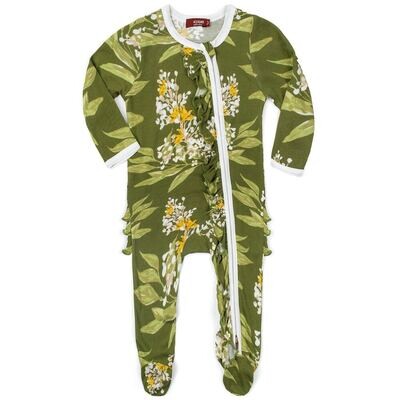 Bamboo Ruffle Zipper Footed Romper Green Floral 3-6 Month