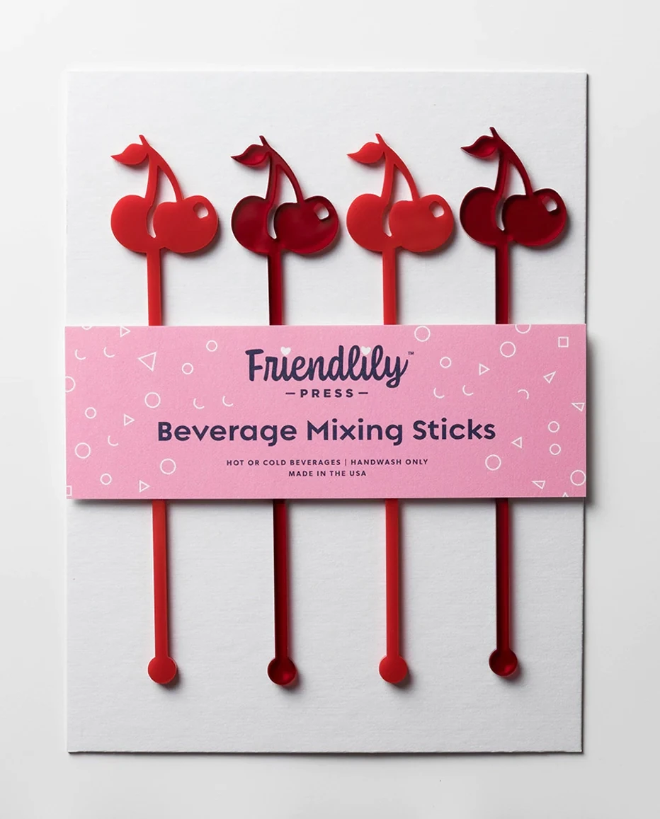 Beverage Mixing Sticks Cherries Set Of 4