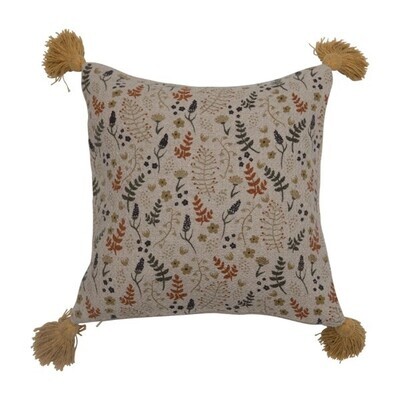 Pillow Recycled Cotton Blend Natural With Floral Pattern And Yellow Tassels