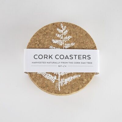 Set Of 4 Harvested Naturally Oak Cork Coaster Printed Fern