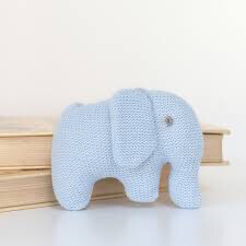 Hand Knitted Organic Cotton Rattle Blue Elephant Baby