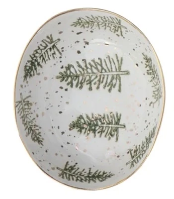 Handpainted Stoneware Dish With Green Trees And Gold Flakes