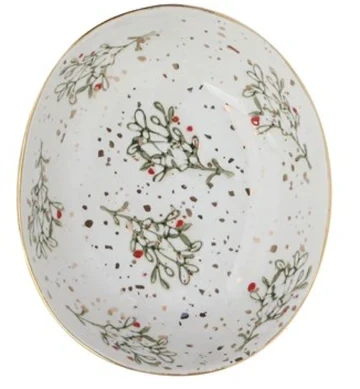Handpainted Stonware Diish With Mistletoe And Red And Gold Flakes