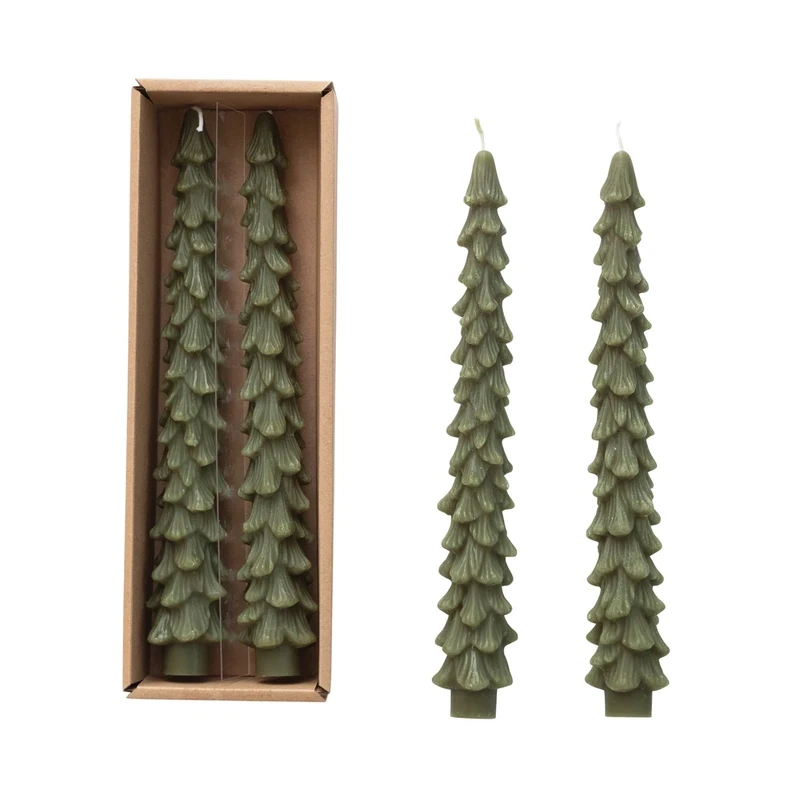 Set Of Two Unscented Tree Shaped Taper Candles In Green