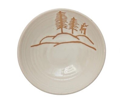 Stoneware Bowl With Wax Relief Tree And Deer Scene