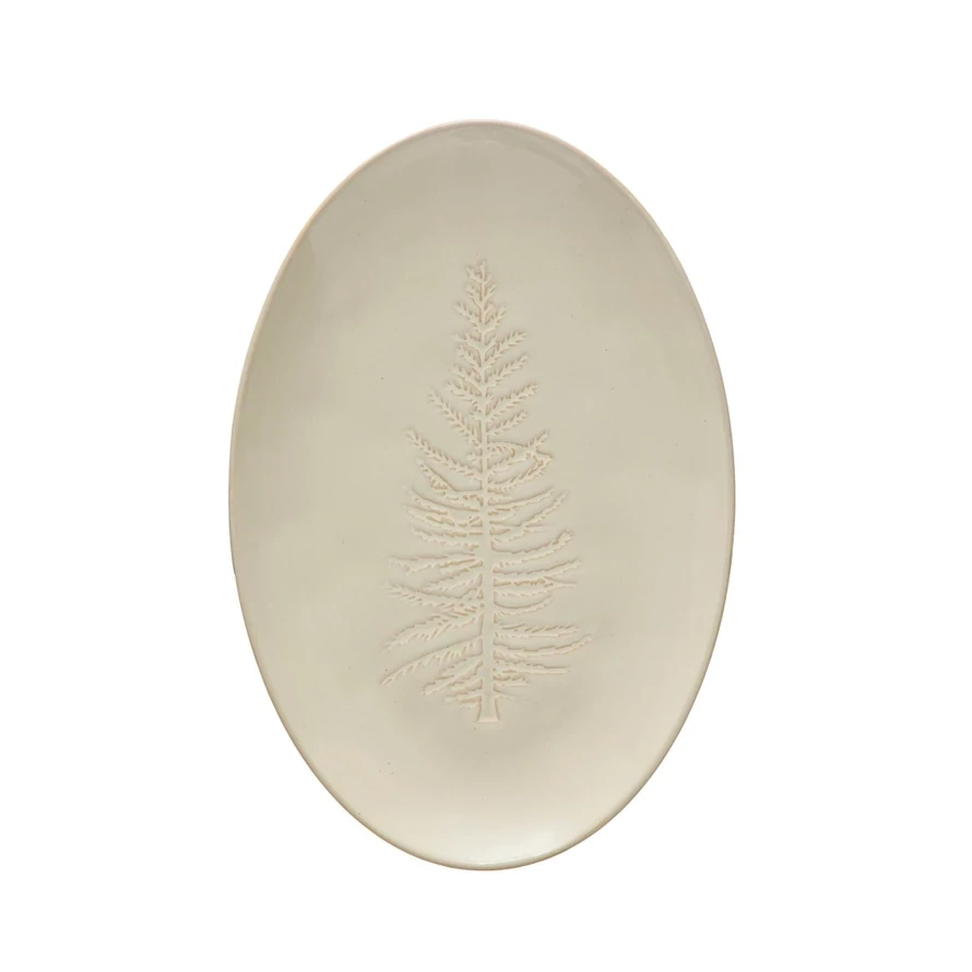 Oval Debossed Stoneware Platter With Tree Design And White Glaze