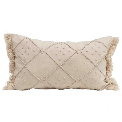 Cotton Lumbar Pillow Cream With Knot Design And Fringe
