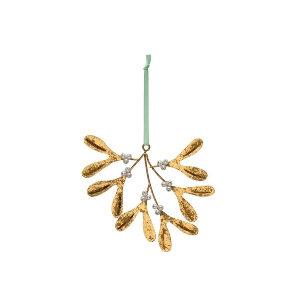 Metal Mistletoe Ornament With Gold Finish And Glass Beads