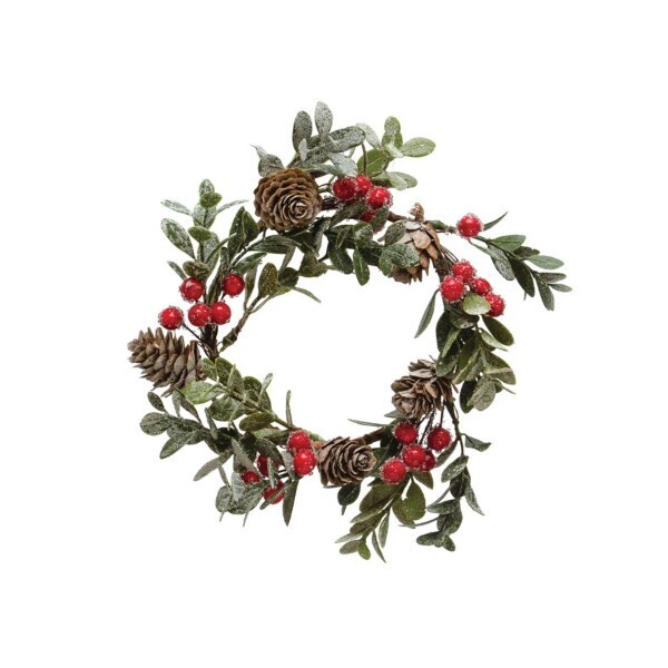 Frosted Boxwood Wreath With Pinecones And Red Berries