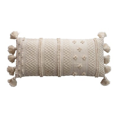 Cotton Lumbar Pillow With Tassels Natural With Gold 36" L x 16" W