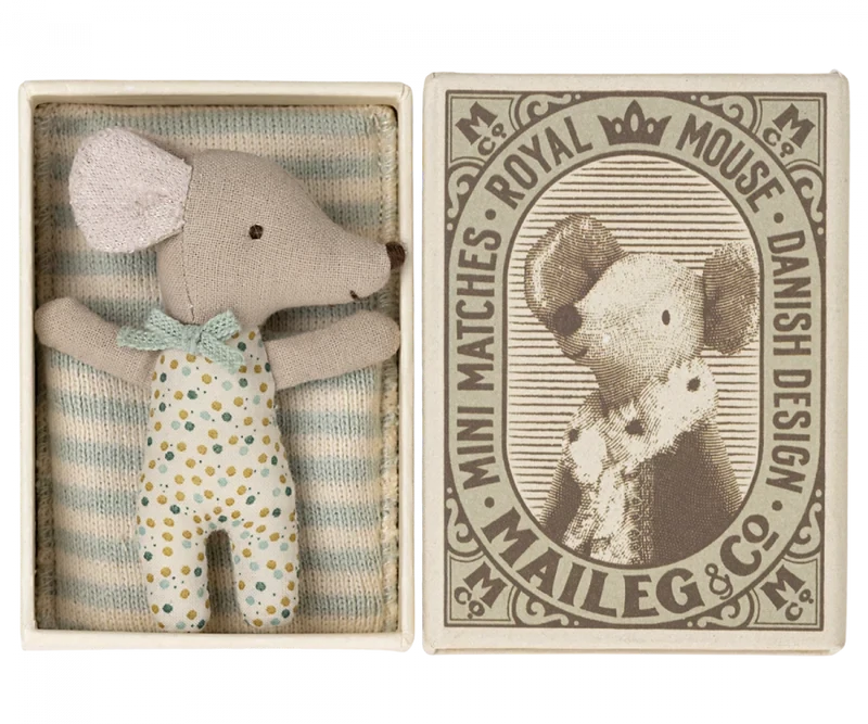 Maileg Sleepy Wakey Baby Mouse In Matchbox Blue