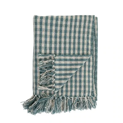 Woven Recycled Cotton Blend Throw With Fringe Teal And Cream Plaid