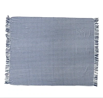 Woven Recycled Cotton Blend Throw With Fringe Dark Blue And Cream Plaid