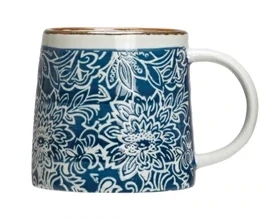 Stoneware Mug White With Brown Rim And Blue Flower Pattern