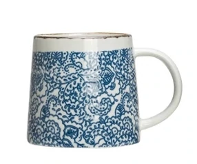 Stoneware Mug White With Brown Rim And Blue Swirl Leaf Pattern