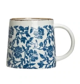 Stoneware Mug White With Brown Rim And Deep Blue Flower And Vine Pattern