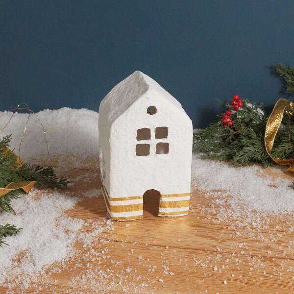 Handmade Paper Mache House White With Gold Stripes
