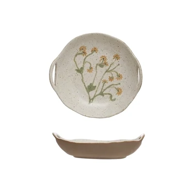Handpainted Stoneware Bowl With Handles And Reactive Glaze Yellow Botanicals