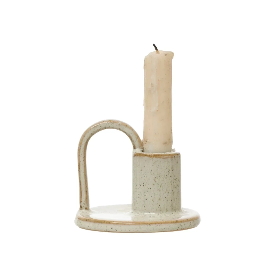 Stoneware Taper Candle Holder With Handle Cream Glaze With Speckles