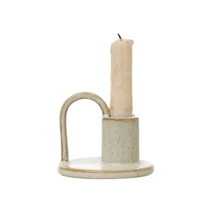 Stoneware Taper Candle Holder With Handle Cream Glaze With Speckles