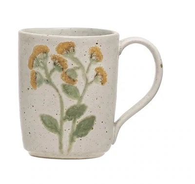 Handpainted Stoneware Mug With Reactive Glaze Yellow And Green Botanical