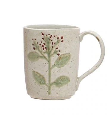 Handpainted Stoneware Mug With Reactive Glaze Red And Green Botanical