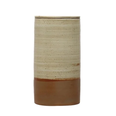 Stoneware Canister With Reactive Glaze Brown And Cream