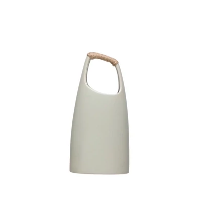 Stoneware Vase With Rattan Wrapped Handle Short Light Grey