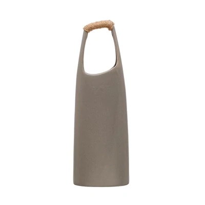 Stoneware Vase With Rattan Wrapped Handle Tall Dark Grey