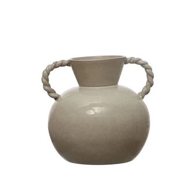 Stoneware Vase With Twisted Handles And Reactive Glaze Cream