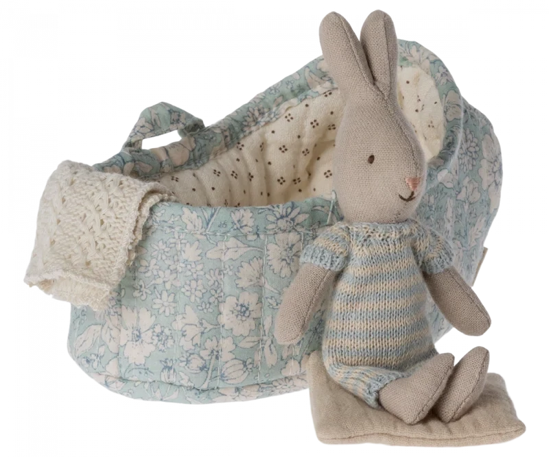 Maileg Bunny In Carry Cot Micro Blue Mint