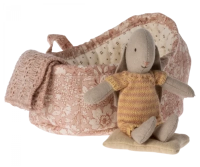 Maileg Bunny In Carry Cot Micro Pink Dark Powder