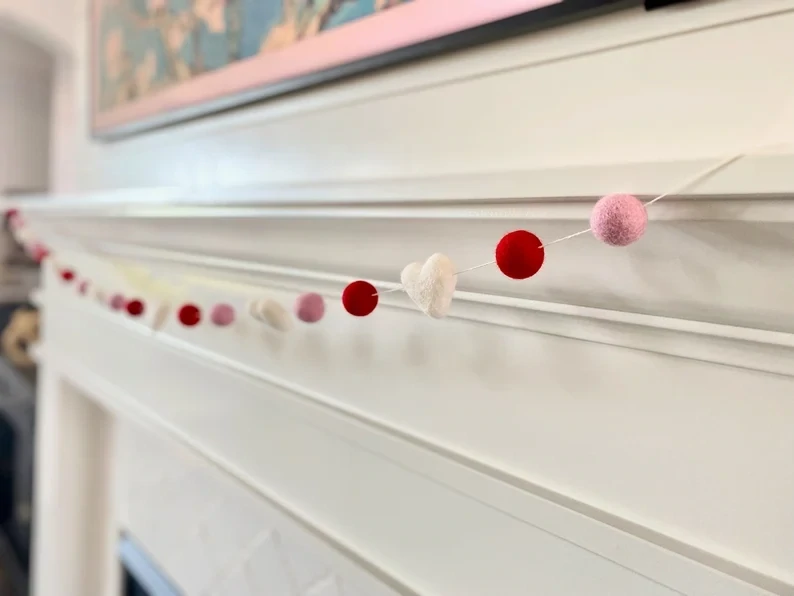 Romance Wool Felt Ball Garland / Boho Valentine Decor Handmade