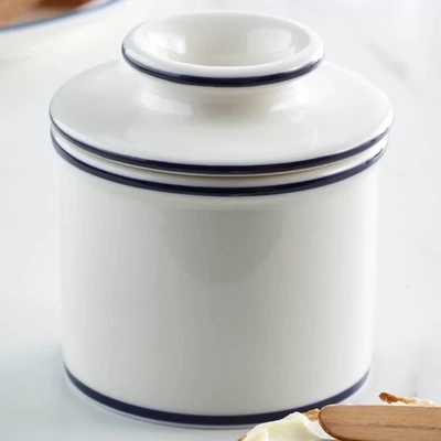 Butter Bell Crock White With Blue Trim