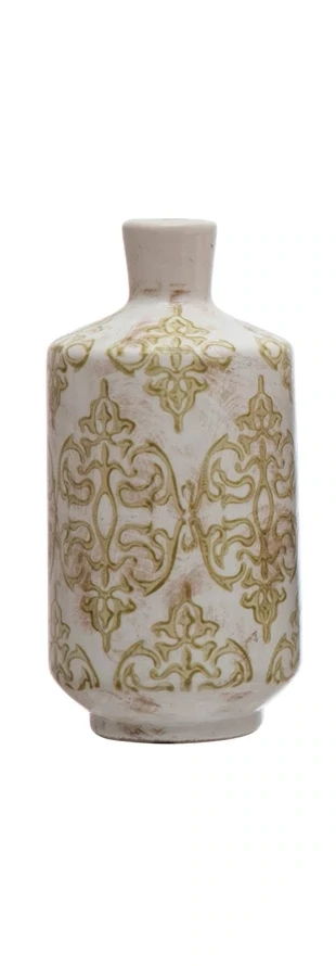 Terracotta Vase With Green Transferware Pattern