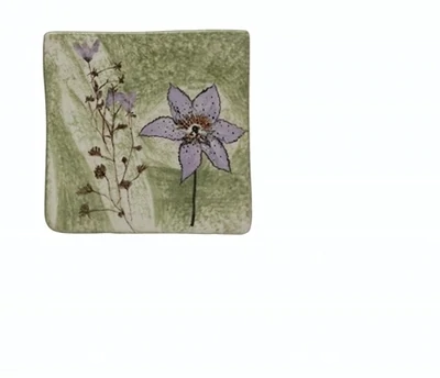 Square Stoneware Trivet Green With Light Purple And Branch Debossed Florals