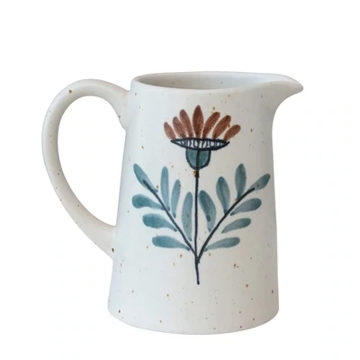 Handpainted Stoneware Pitcher With Blue And Brown Floral Design