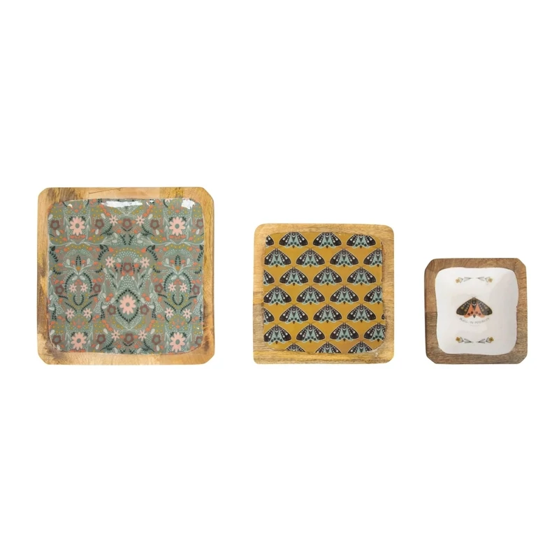 Wooden Tray With Moths On Green Background Medium