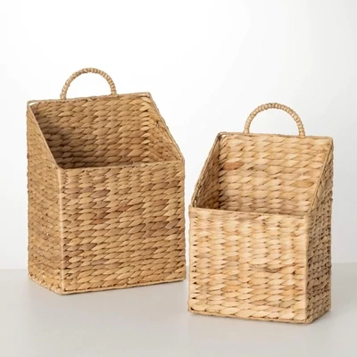 Handled Woven Basket With Sloped Opening Small