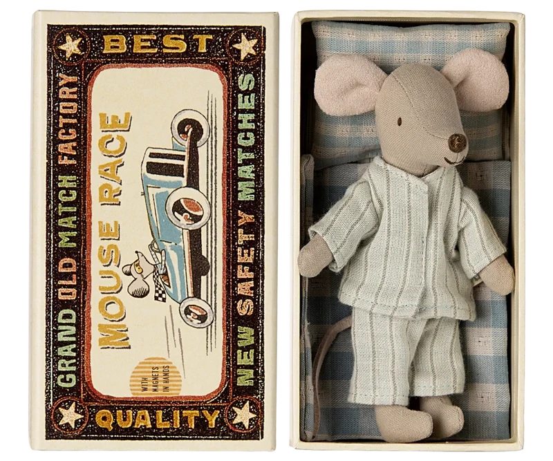 Maileg Big Brother Mouse In Mint Pyjamas In Matchbox Mouse Race