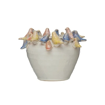 Stoneware Planter Cream With Birds On Rim Large