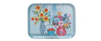 Bamboo Fiber Tray With Flowers In Vases Blue