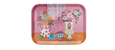 Bamboo Fiber Tray With Flowers In Vases Pink