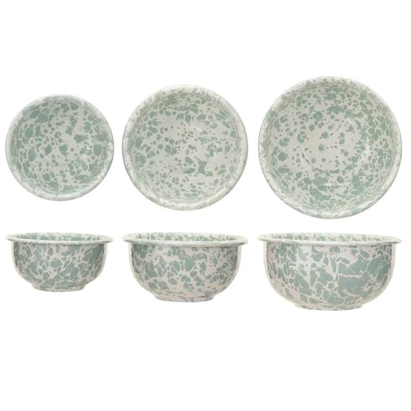 Set Of 3 Round Aqua Enameled Nesting Bowls 5 Inch