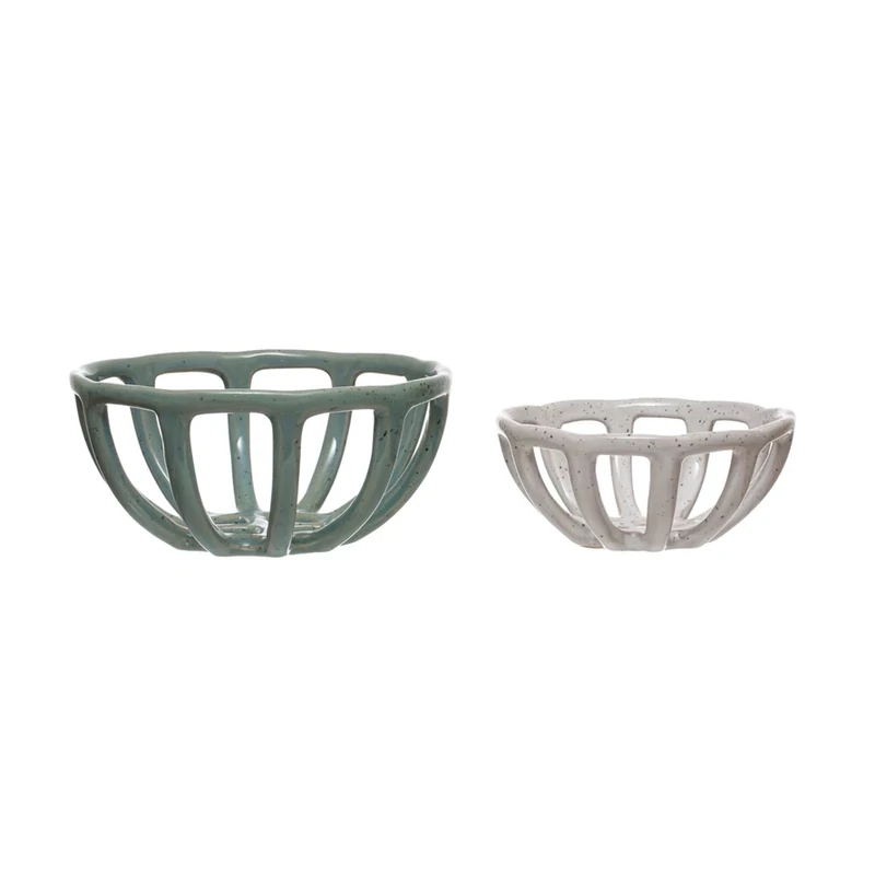 Round Stoneware Basket With Reactive Glaze White With Dots Small