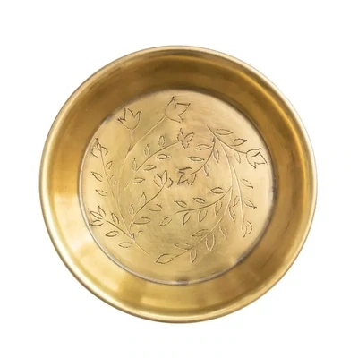 Debossed Metal Dish With Floral Design And Antique Gold Finish
