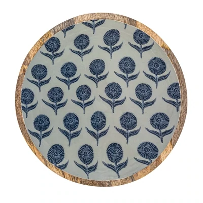 Round Mango Wood Enameled Tray Gray With Blue Flower Pattern