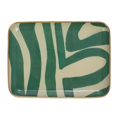 Iron Tray With Gold Trim Green And Cream Pattern